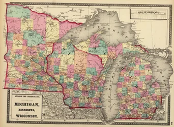 1872 mapa stanów Minnesota, Wisconsin i Michigan